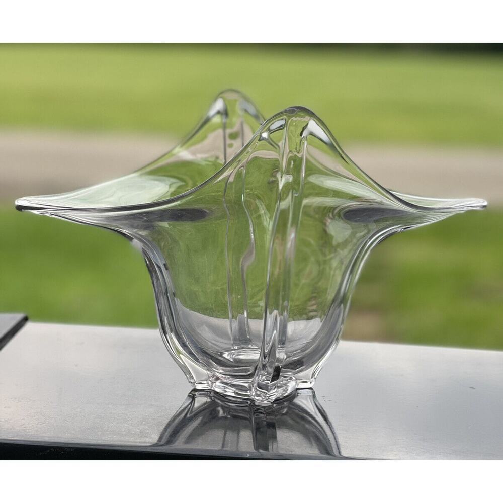 Vintage Duncan Miller Glass Clear Crimped Flared Pointed Console‎ Vase Bowl